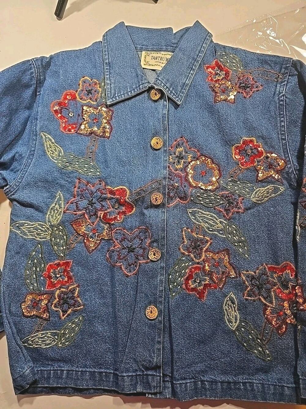 Denim Shirt Jacket Embroidered Beads Floral Small Hippie Boho by Tantrums Vintag